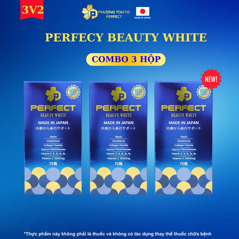 [ComBo3 - V2] Viên Uống Perfect Beauty White Nhật Bản - Bổ Sung Vitamin C, Glutathione, Collagen Peptide - Hỗ Trợ Chống Oxi Hóa, Hạn Chế Lão Hóa Da, Giúp Sáng Da, Mờ Thâm Sạm Nám, Thanh Lọc Cơ Thể 75 Viên