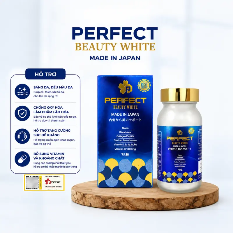 [V2] Viên Uống Trắng Sáng Da Perfect Beauty White Nhật Bản - Bổ Sung Vitamin C, Glutathione, Collagen Peptide - Hỗ Trợ Chống Oxi Hóa, Hạn Chế Lão Hóa Da, Giúp Sáng Da, Mờ Thâm Sạm Nám