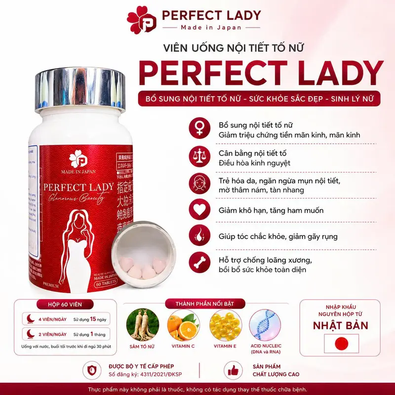 Nội Tiết Perfect Lady Nhật Bản Hộp 60 Viên Hỗ Trợ Làm Đẹp Da Mờ Nám, Giảm Khô Hạn, Khô Da, Cáu Gắt, Trằn Trọc Khó Ở, Rối Loạn Nội Tiết Sản Phẩm Bổ Sung Sức Khỏe Cho Phụ Nữ