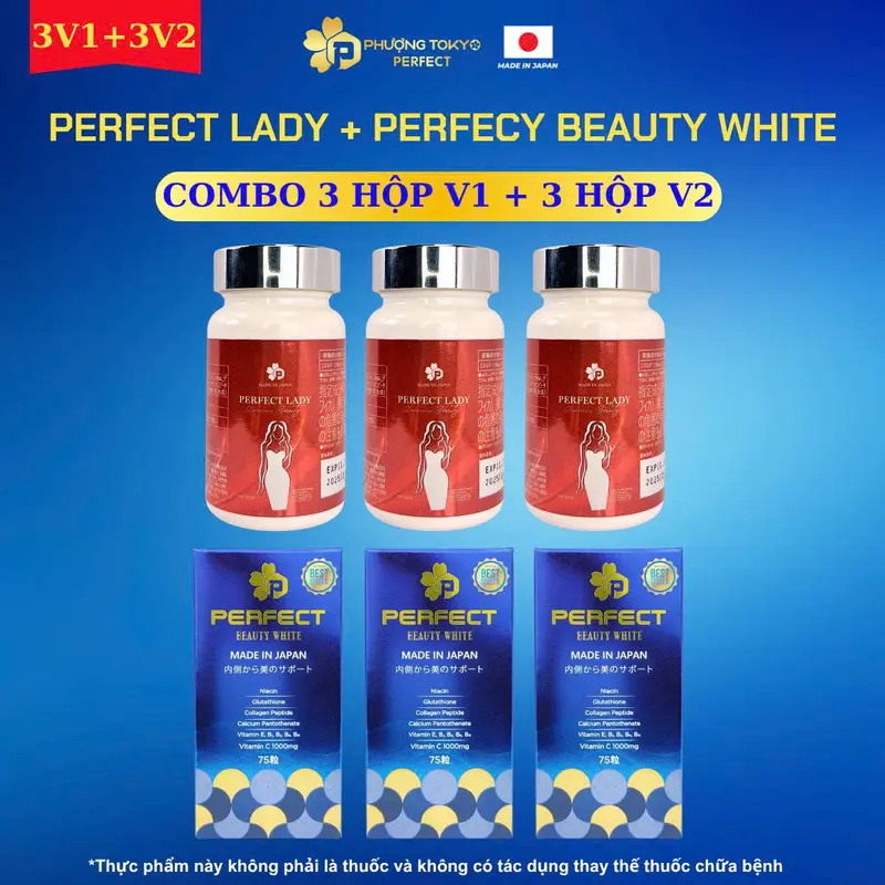 [COMBO 3] V1+V2 - Viên Uống Nội Tiết Perfect Lady + Viên Uống Perfect Beauty White Nhật Bản