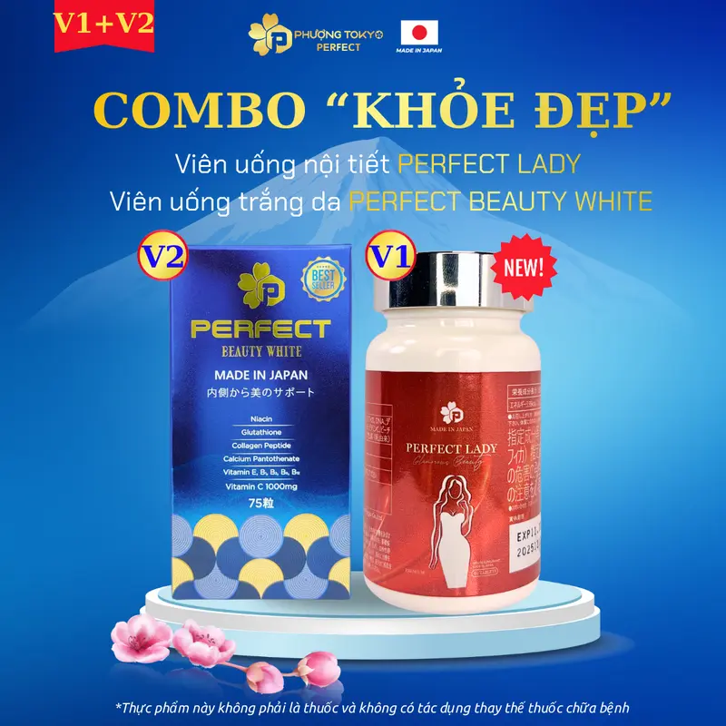 [V1+V2] Combo Viên uống Hỗ trợ Khỏe Đẹp Từ Bên Trong Perfect Lady + Perfect Beauty White Trắng Sáng Da